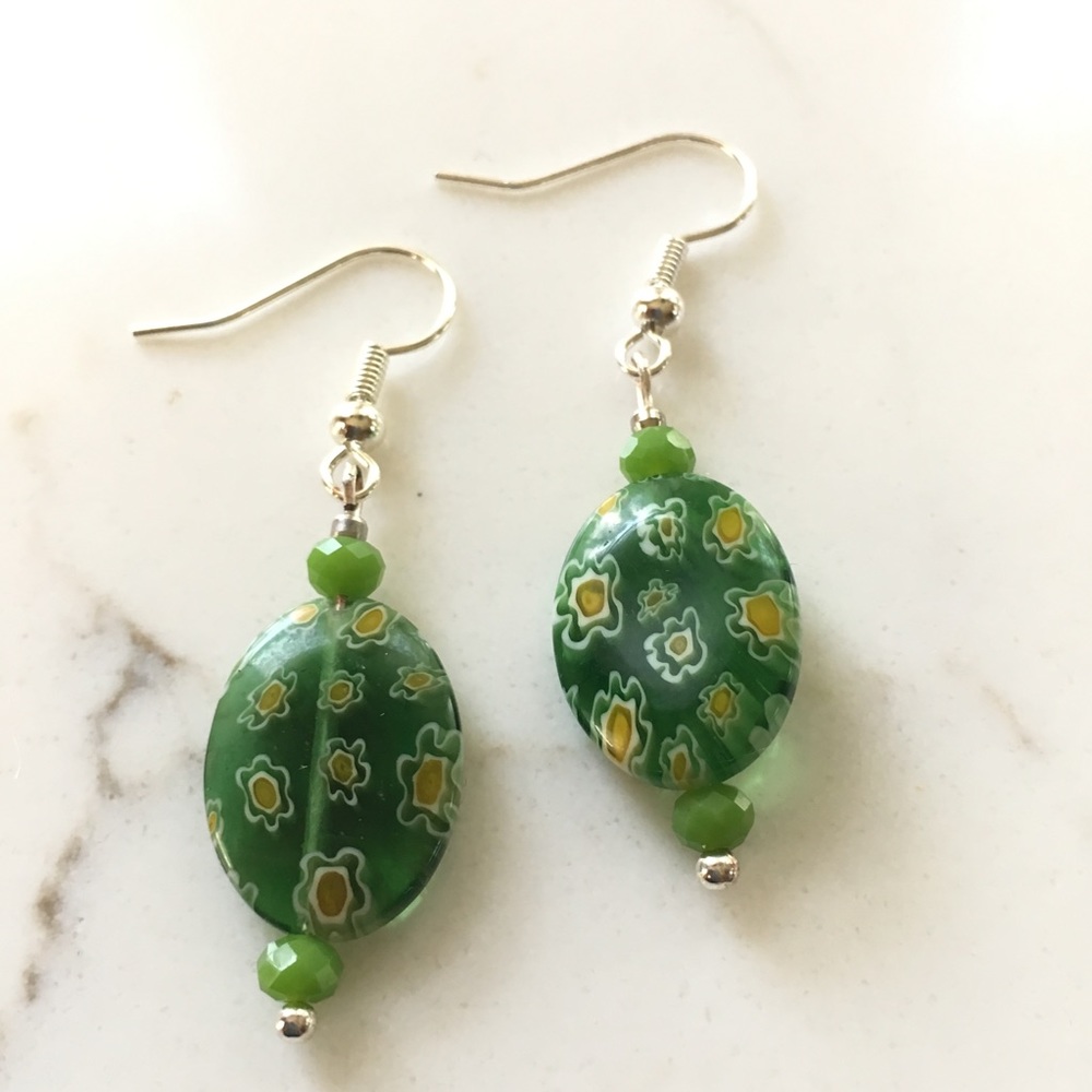 Bright green handmade millefiori earrings